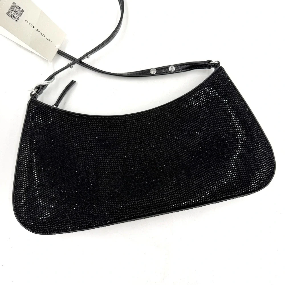 Tory Burch Emerson Crystal Embellished Shoulder Bag Black Leather Rhinestone